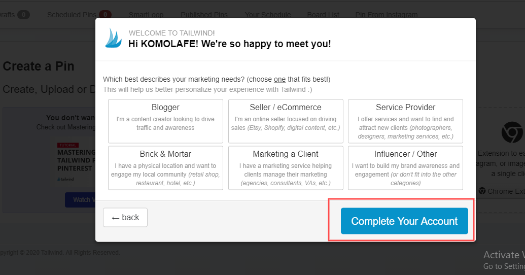 complete your tailwind create account