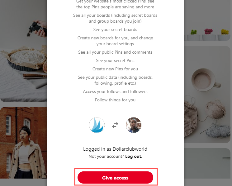 request access to Tailwind create by Signing Up with Pinterest account