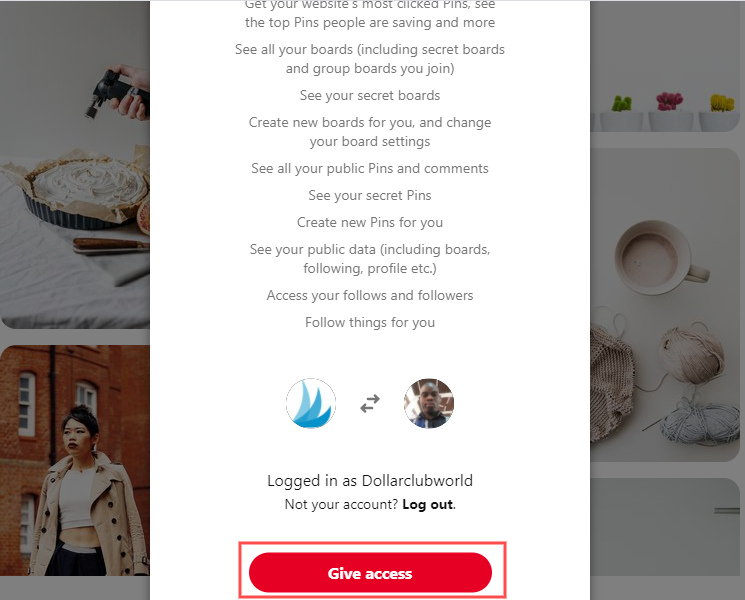 request access to Tailwind create by Signing Up with Pinterest account 