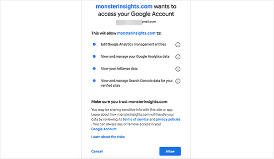 to connect MonsterInsights to your Google Analytics account