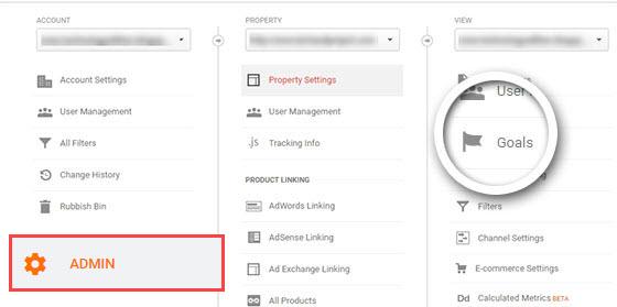 Click Admin on the left-hand panel and move to the View column and click Goals