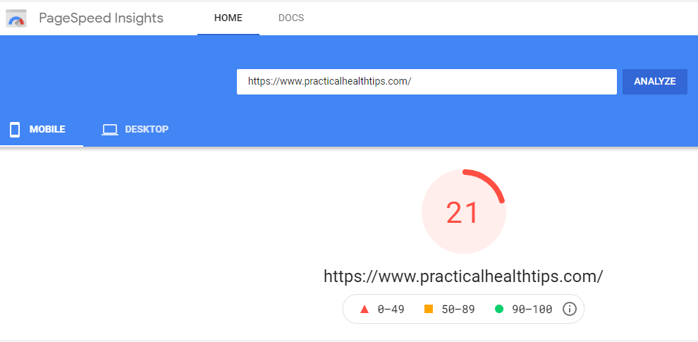 Google page speeds test of the third Niche website hosted on Easywp