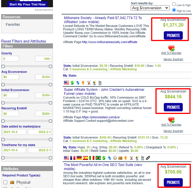 big earner's categories which are health and fitness, business and money