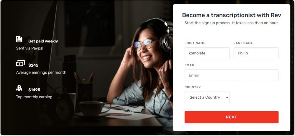 rev freelancer's registration form