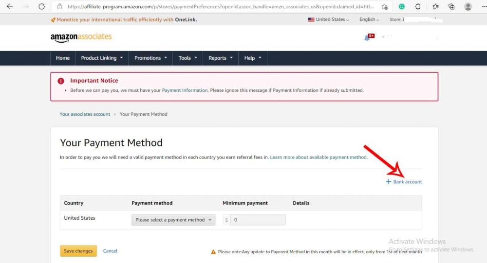 add or Change payment method on amazon associate 