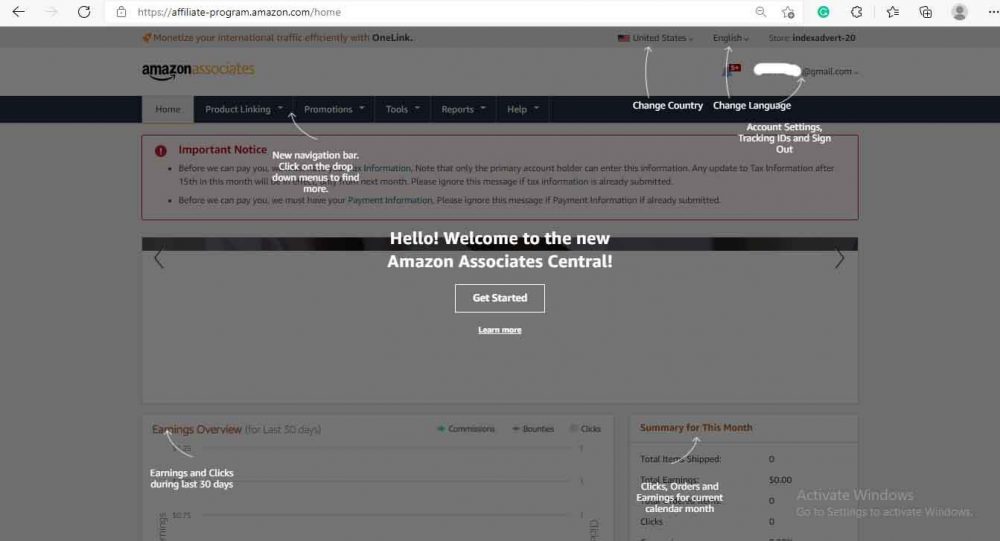 Amazon Associate account dashboard