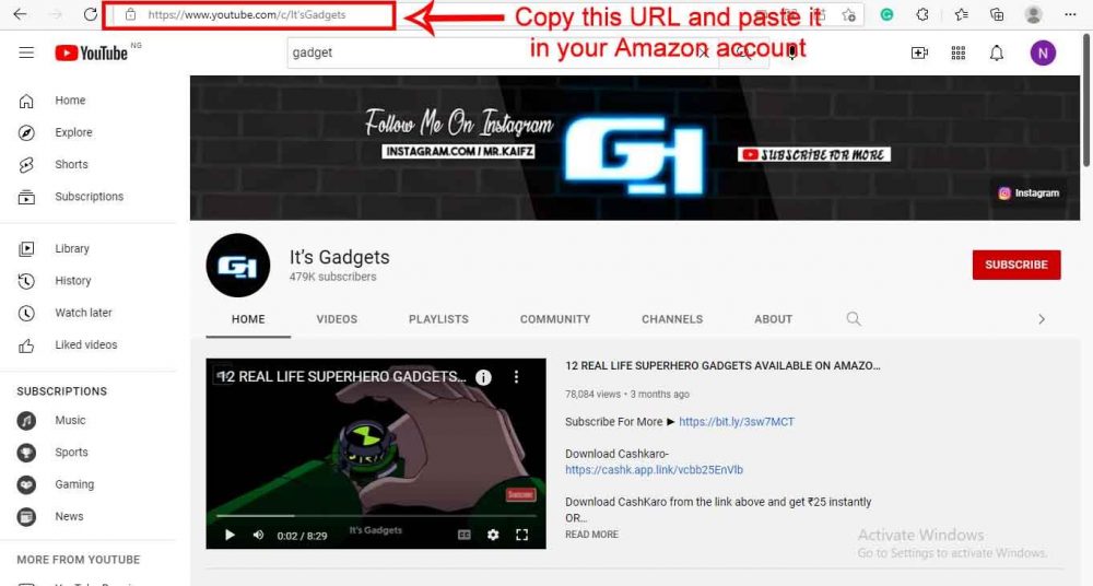copy the YouTube channel’s URL
