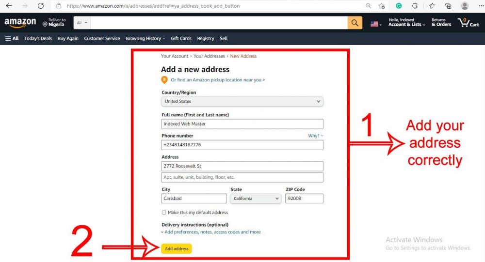 Amazon “Add a new address” page.