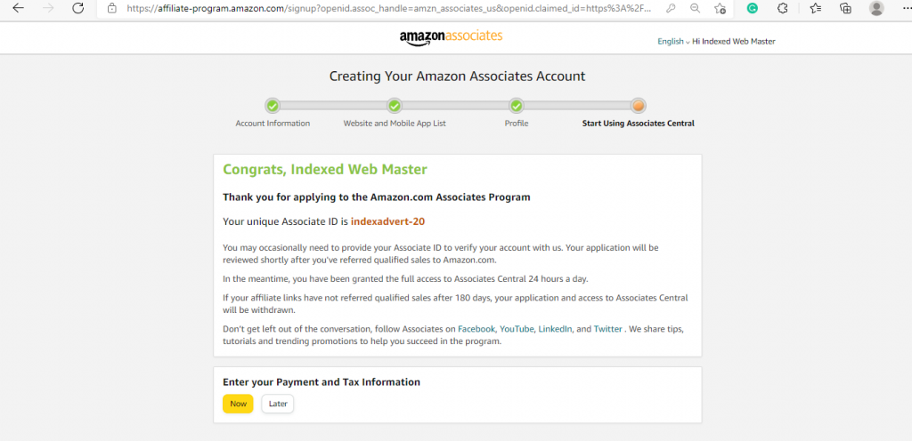 successfully created your Amazon Associate account