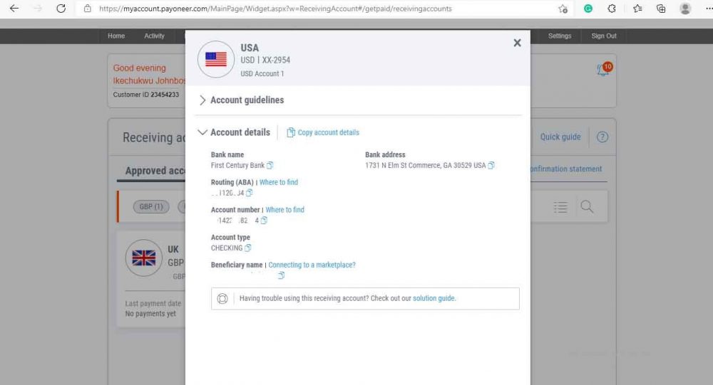 payoneer USA bank account details