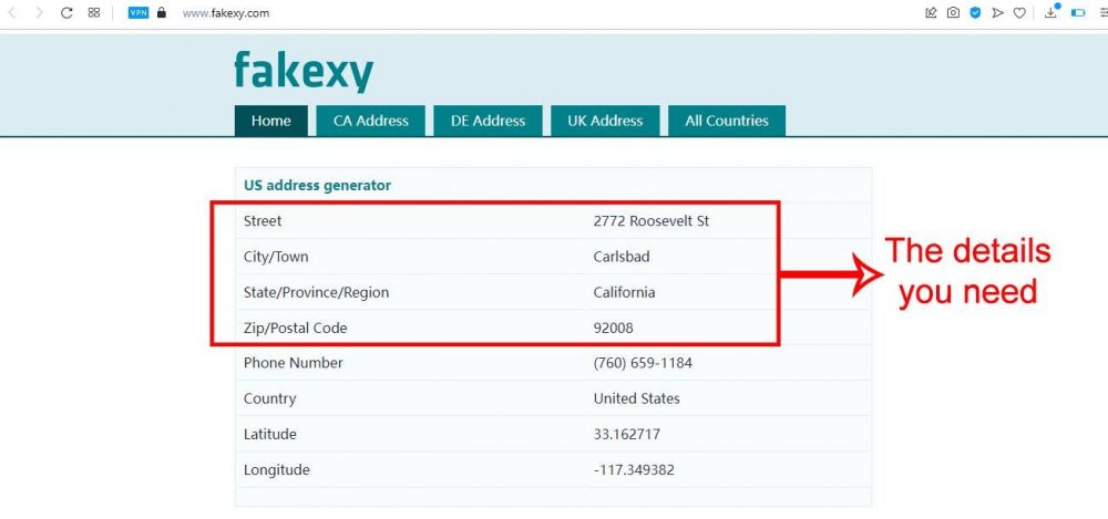 Fakexy.com website Random US address generator