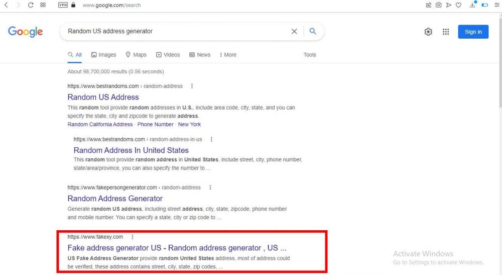 Random US address generator on google 