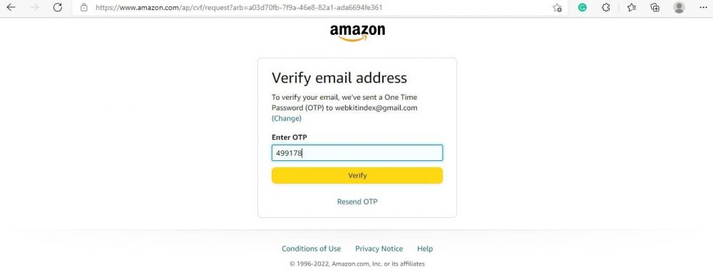 Amazon account email verification page