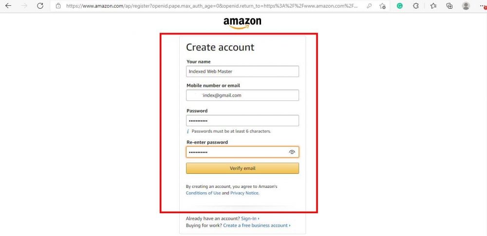 Amazon.com sign-up page