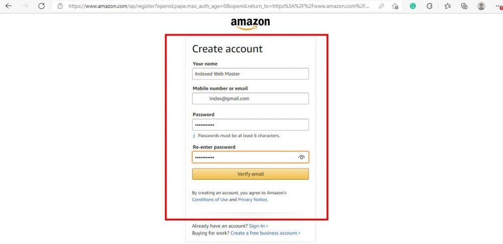 Amazon.com sign-up page