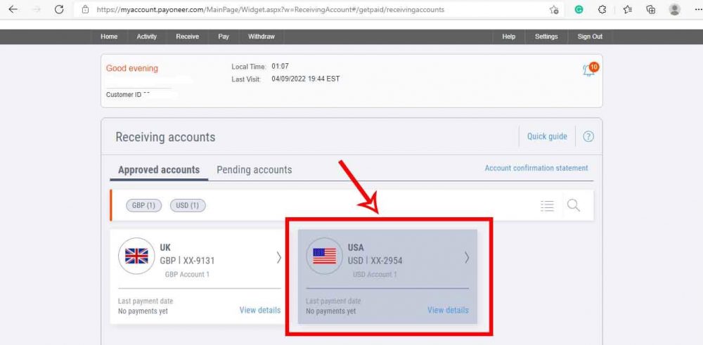 payoneer USA account number.