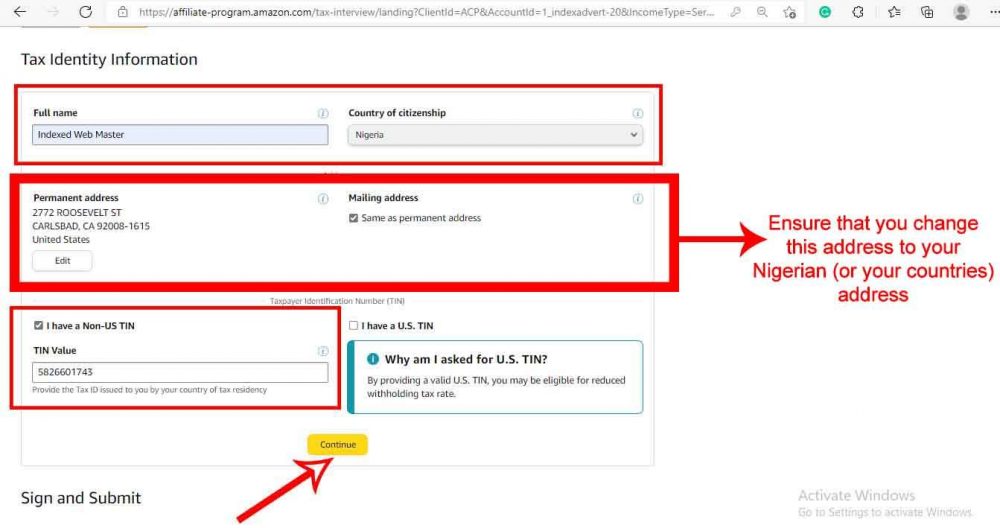 Fill in TIN Value on amazon 