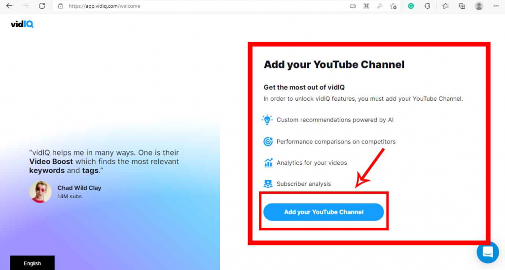 add your youtube channel to vidiq