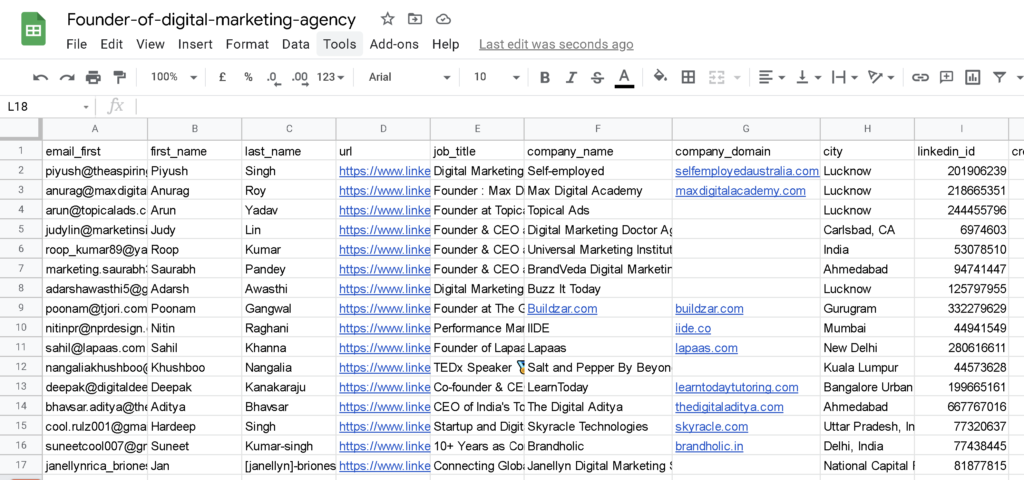 what the extracted emails look like in the excel sheet.