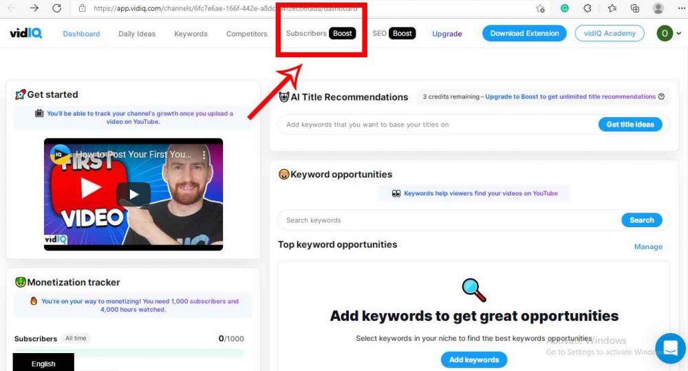  Click on Subscribers  vidiq Boost plan