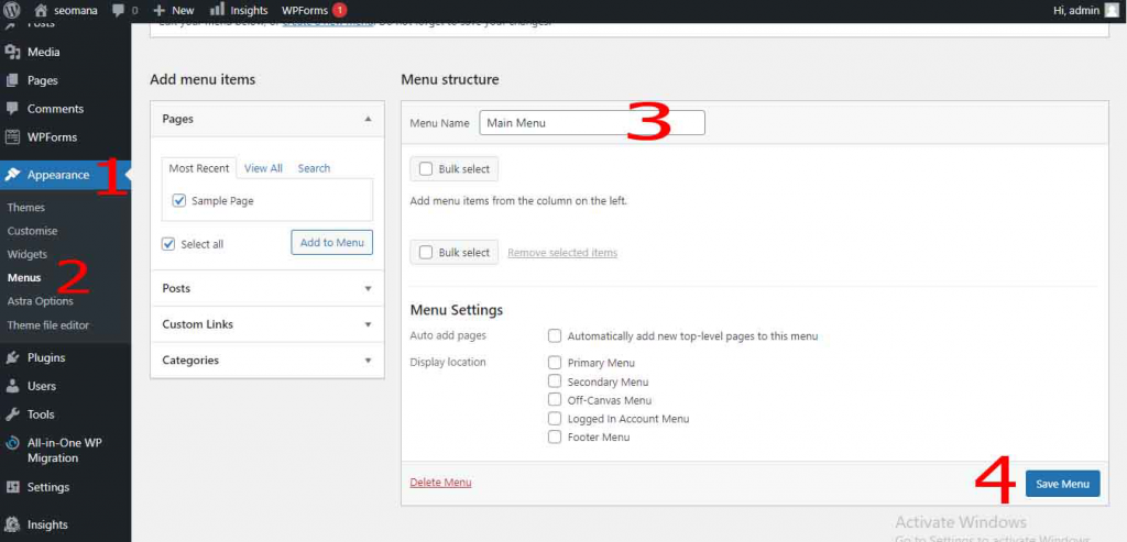 Create WordPress Menus/Pages