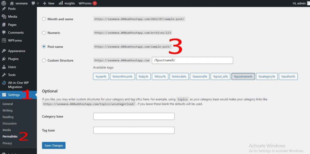 set Permalinks structures in wordpress