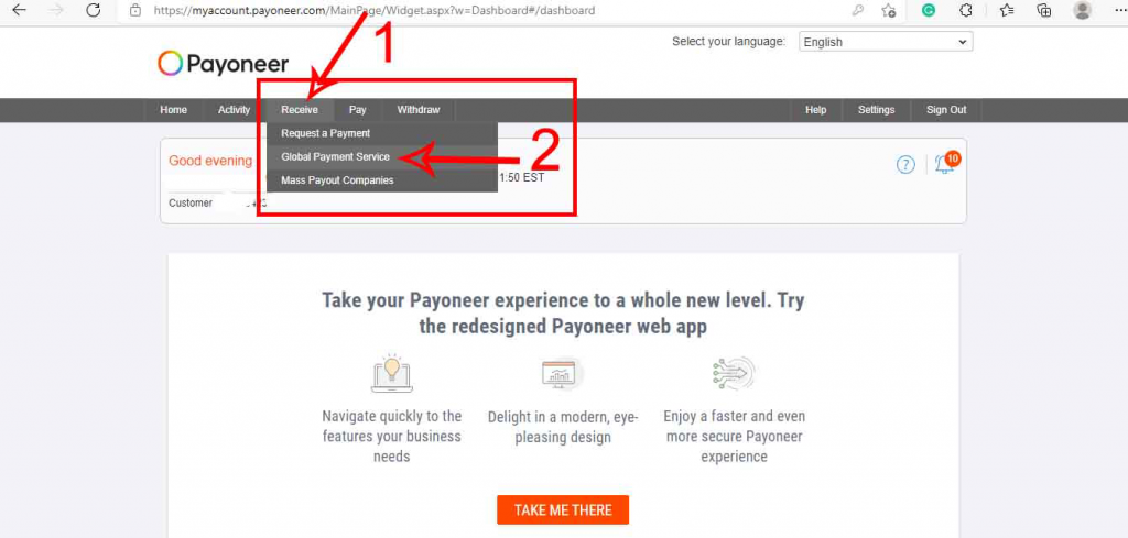 payoneer Global payment service from the dropdown list