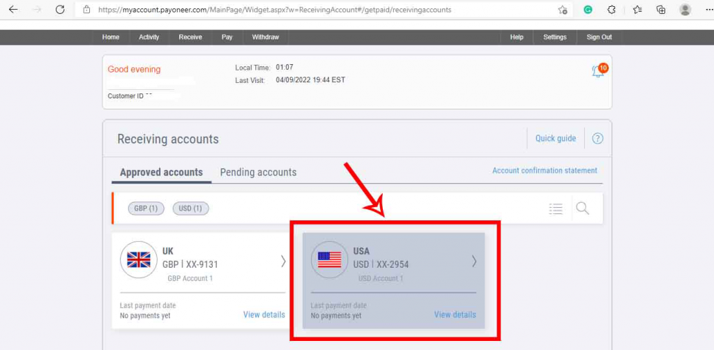  USA account from the Payoneer page