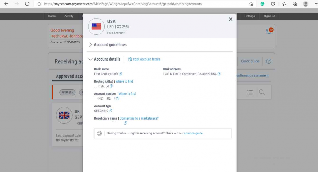payoneer USA bank account details