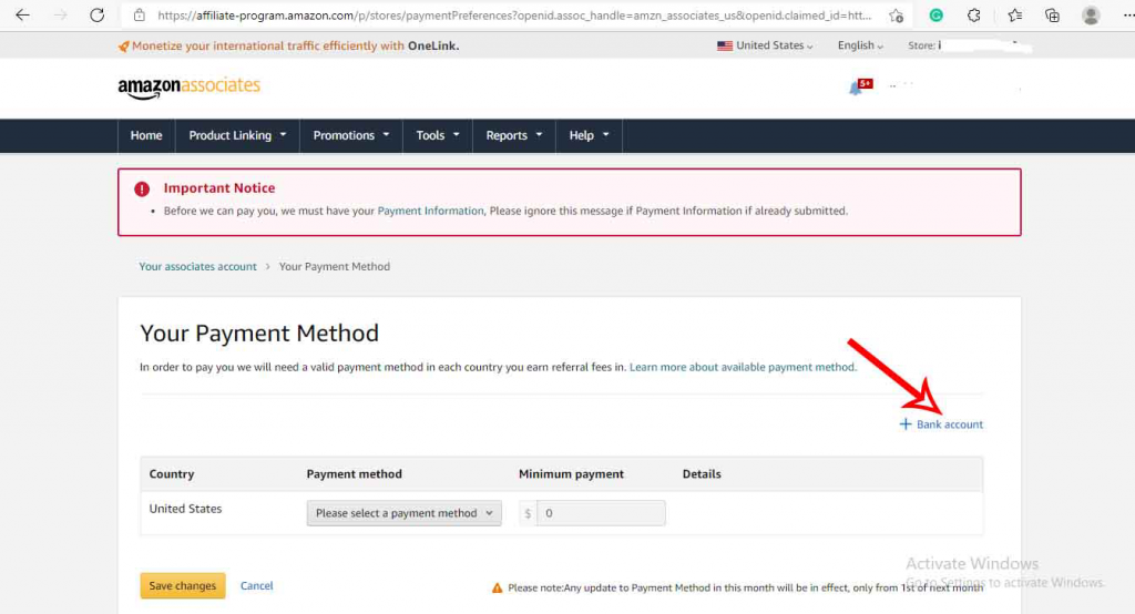USA bank account details to amazon associate 