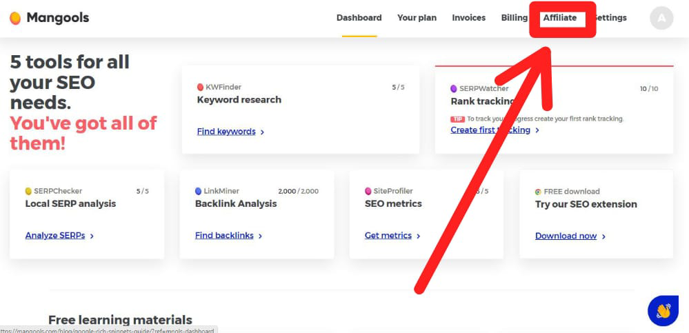 Click The Affiliate Section to get your affiliate link