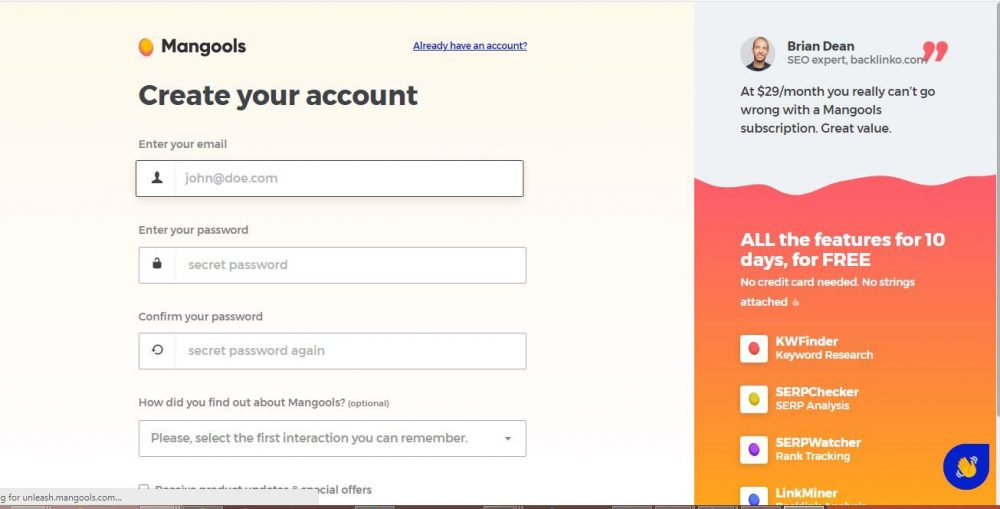 create a username and password
