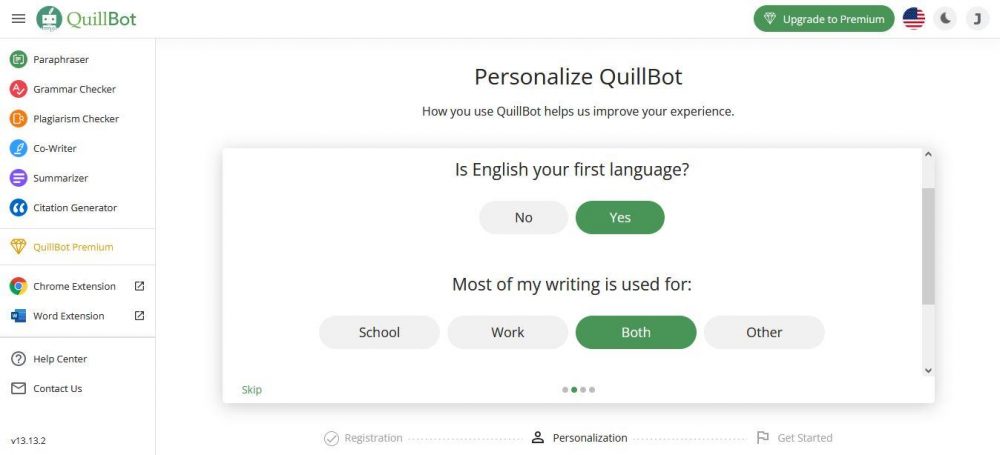 quillbot personalization page