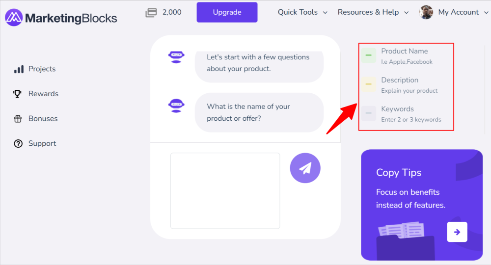 Create New Project on MarketingBlocks